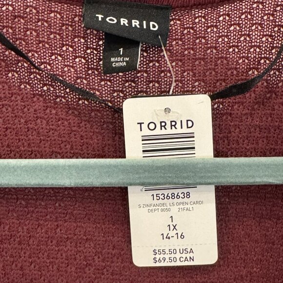 NWT Torrid 1xl Maroon "Zinfandel" Open-Front Cardigan Long Sleeve Peplum Back - Picture 3 of 5